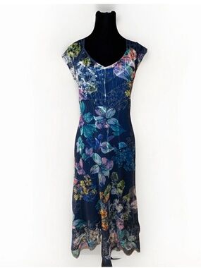 Komarov Midi Crinkle Dress Lace Overlay Blue Slip Floral V Neck Cocktail Sz S